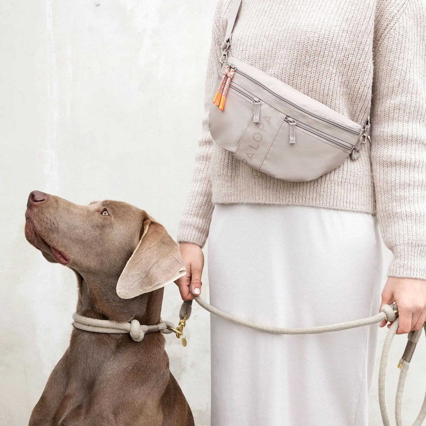 Palopa Bumbag Emma in creme als Crossbag mit Hund und Leine – bei Petperten Karlsruhe