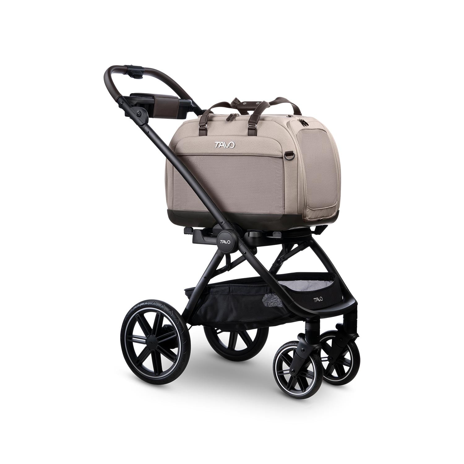 Tavo Pets Hendrick Transporttasche Tawny auf Roscoe Trek Buggygestell für Hunde und Katzen mit Isofix-Befestigung, Sicherheitstest, Beratung bei Petperten Karlsruhe